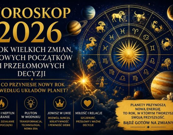 Horoskop 2026 z kołem zodiaku i układem planet na tle gwiaździstego nieba