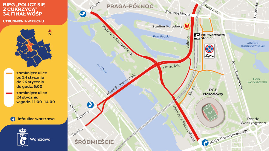 Mapa zmian w ruchu podczas biegu „Policz się z cukrzycą” w Warszawie – zamknięte ulice przy PGE Narodowym i na Pradze