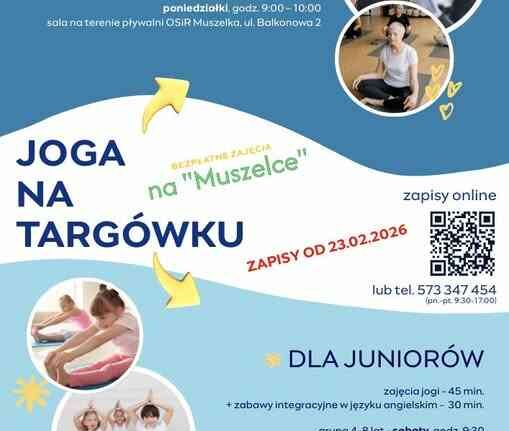 Plakat „Joga na Targówku” – bezpłatne zajęcia na pływalni OSiR Muszelka (ul. Balkonowa 2) dla seniorów i dzieci, zapisy online.