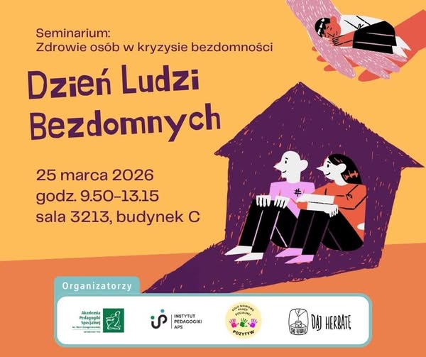 Plakat Informacyjny Seminarium Zdrowie Osób W Kryzysie Bezdomności Przedstawiający Ilustrację Dwóch Osób Siedzących Pod Dachu Kształcie Domu Na Pomarańczowym Tle.
