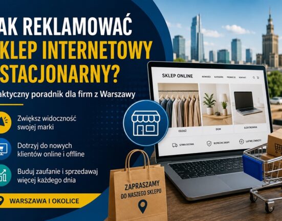 Reklama sklepu internetowego i stacjonarnego – laptop z e-commerce, zakupy online oraz panorama Warszawy w tle