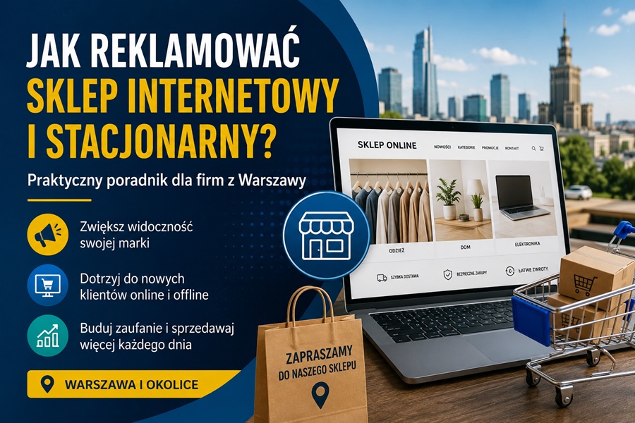Reklama sklepu internetowego i stacjonarnego – laptop z e-commerce, zakupy online oraz panorama Warszawy w tle