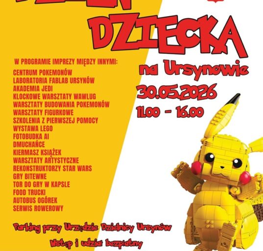 Plakat Dnia Dziecka na Ursynowie 2026 — 30 maja, godz. 11:00–16:00, parking przy Urzędzie Dzielnicy Ursynów, wstęp wolny