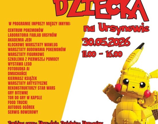 Plakat Dnia Dziecka na Ursynowie 2026 — 30 maja, godz. 11:00–16:00, parking przy Urzędzie Dzielnicy Ursynów, wstęp wolny