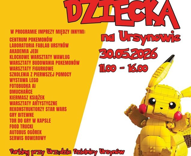 Plakat Dnia Dziecka na Ursynowie 2026 — 30 maja, godz. 11:00–16:00, parking przy Urzędzie Dzielnicy Ursynów, wstęp wolny