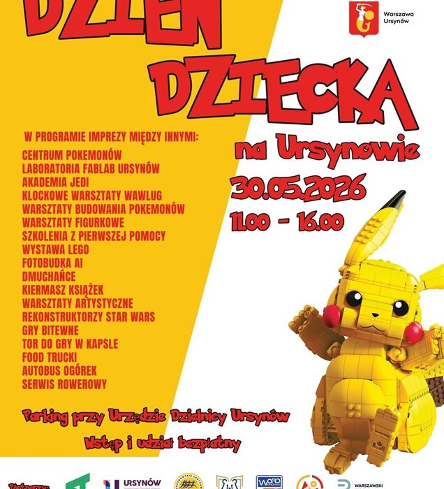 Plakat Dnia Dziecka na Ursynowie 2026 — 30 maja, godz. 11:00–16:00, parking przy Urzędzie Dzielnicy Ursynów, wstęp wolny