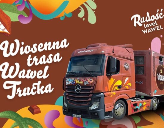 Grafika promocyjna Wiosenna Trasa Wawel Trucka 2026 — kolorowa ciężarówka Wawel na brązowym tle