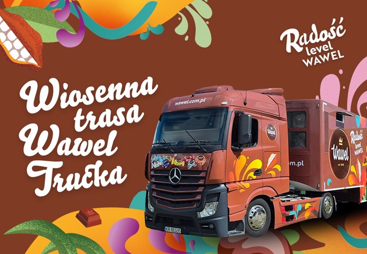 Grafika promocyjna Wiosenna Trasa Wawel Trucka 2026 — kolorowa ciężarówka Wawel na brązowym tle