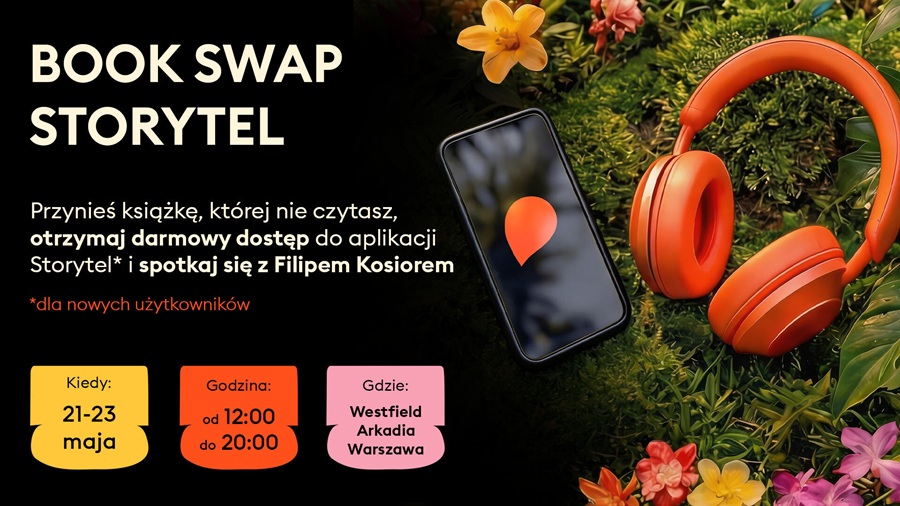 Grafika promująca akcję Storytel Book Swap w Westfield Arkadia z darmowym dostępem do audiobooków za przyniesienie książki