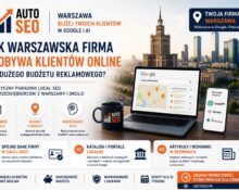 Grafika o Local SEO dla warszawskich firm pokazująca widoczność w Google i systemach AI