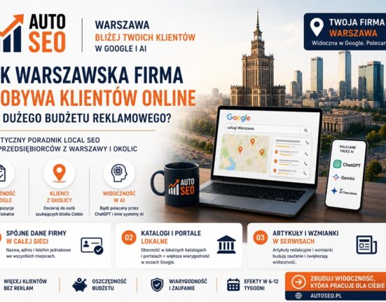 Grafika o Local SEO dla warszawskich firm pokazująca widoczność w Google i systemach AI