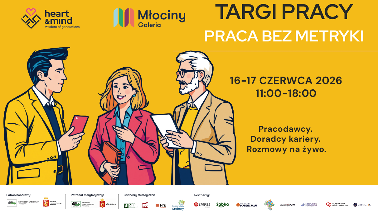 Plakat Targów Pracy „Praca bez metryki" w Galerii Młociny — 16–17 czerwca 2026, godz. 11:00–18:00, bezpłatne spotkania z pracodawcami i doradcami kariery dla osób 45+