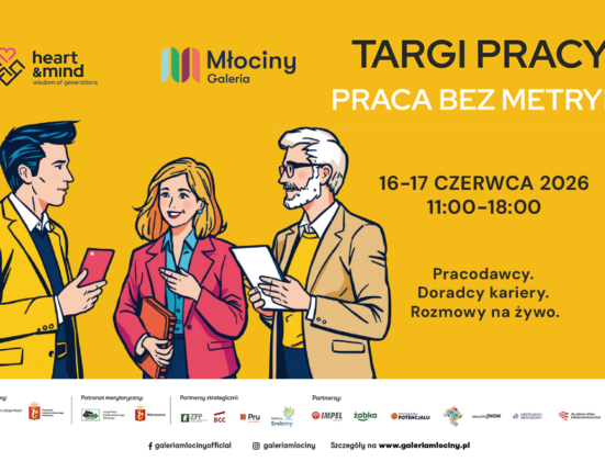 Plakat Targów Pracy „Praca bez metryki" w Galerii Młociny — 16–17 czerwca 2026, godz. 11:00–18:00, bezpłatne spotkania z pracodawcami i doradcami kariery dla osób 45+