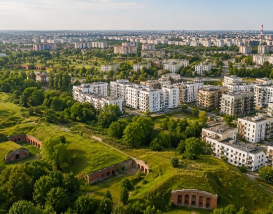Bemowo – dzielnica Warszawy, widok z lotu ptaka na osiedla i Fort Radiowo