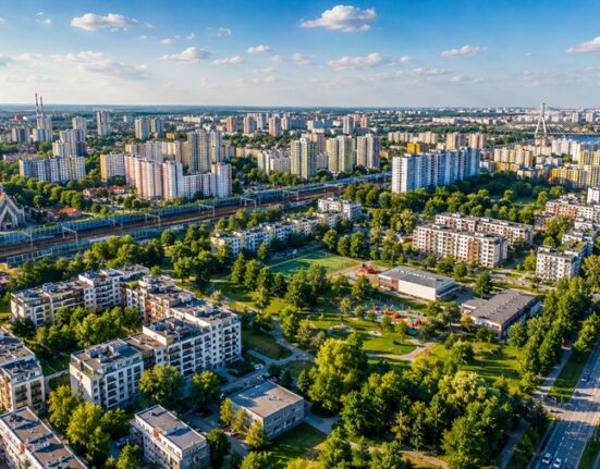 Targówek – dzielnica Warszawy, widok z lotu ptaka na osiedla i Centrum Handlowe Targówek