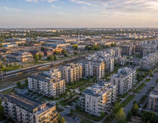 Ursus – dzielnica Warszawy, widok z lotu ptaka na nowe osiedla i tereny poprzemysłowe