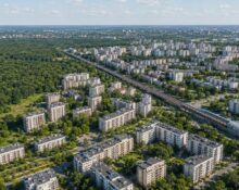 Ursynów – dzielnica Warszawy, widok z lotu ptaka na osiedla i Las Kabacki
