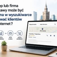 Laptop z wizytówką lokalnej firmy w wyszukiwarce internetowej na tle panoramy Warszawy. Grafika przedstawia budowanie widoczności firmy i sklepu online oraz pozyskiwanie klientów przez internet.
