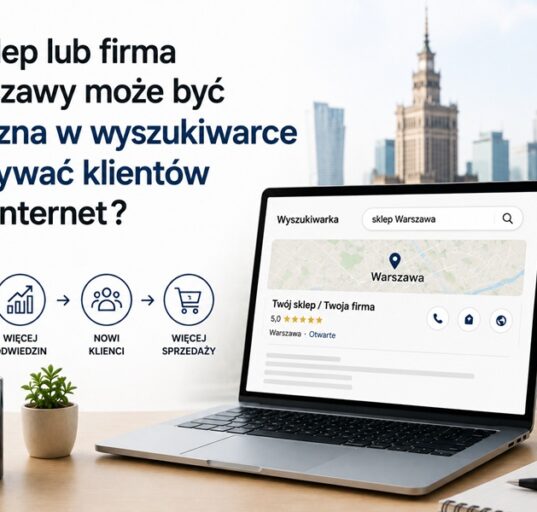 Laptop z wizytówką lokalnej firmy w wyszukiwarce internetowej na tle panoramy Warszawy. Grafika przedstawia budowanie widoczności firmy i sklepu online oraz pozyskiwanie klientów przez internet.
