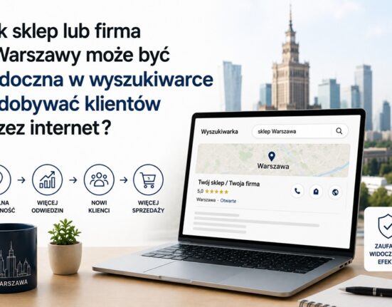 Laptop z wizytówką lokalnej firmy w wyszukiwarce internetowej na tle panoramy Warszawy. Grafika przedstawia budowanie widoczności firmy i sklepu online oraz pozyskiwanie klientów przez internet.