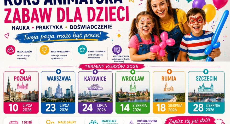 Kurs Animatora Zabaw dla Dzieci w Warszawie 23 lipca 2026 – plakat Akademii Animatora®