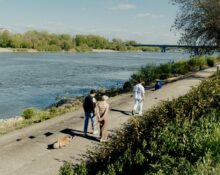Spacerowicze z psem na bulwarze wiślanym w Warszawie