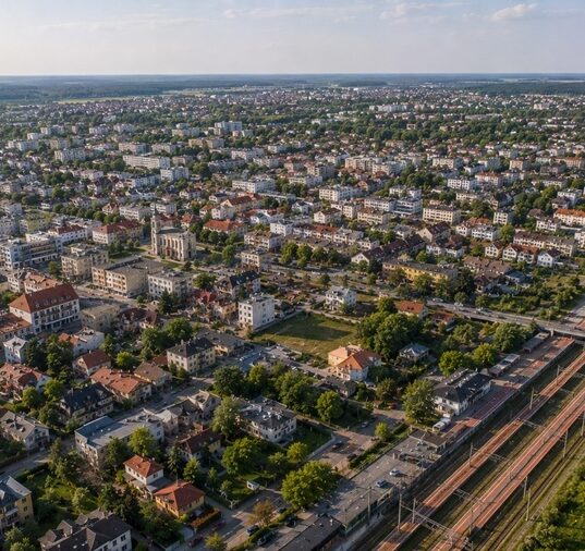 Mińsk Mazowiecki – miasto powiatowe w aglomeracji warszawskiej, widok z lotu ptaka na centrum