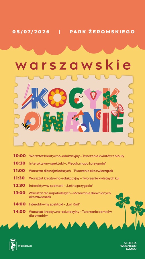 Plakat Warszawskiego Kocykowania 2026 - 5 lipca Park Żeromskiego, program warsztatów i spektakli dla dzieci od godz. 10.00