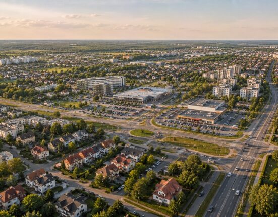 Piaseczno – miasto w aglomeracji warszawskiej, widok z lotu ptaka na centrum i okolice