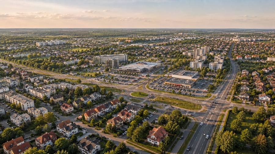Piaseczno – miasto w aglomeracji warszawskiej, widok z lotu ptaka na centrum i okolice