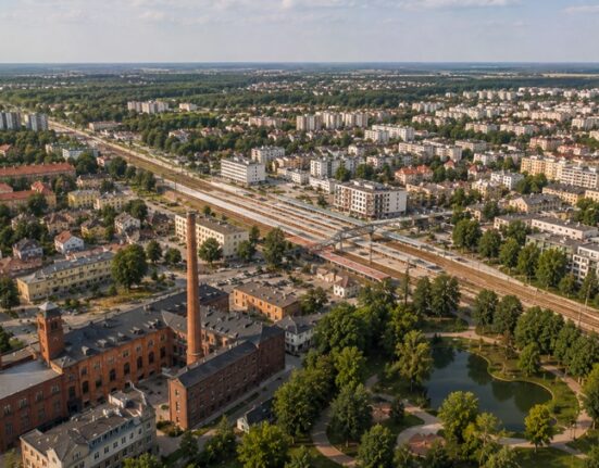 Pruszków – miasto w zachodniej aglomeracji warszawskiej, widok z lotu ptaka na centrum i stację SKM